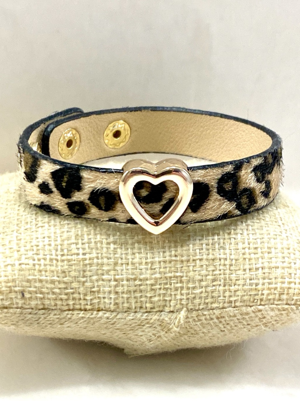 Y2K Leopard Print Calf Hair Leather Strap Bracelet Gold Open Heart Snap Cuff